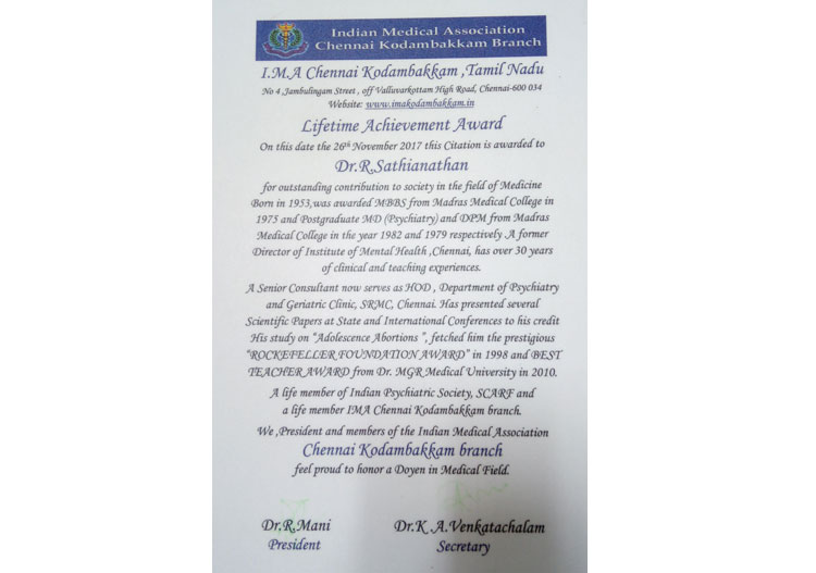 Dr.R.Sathianathan received Lifetime Achievement Award for Indian Medical Association