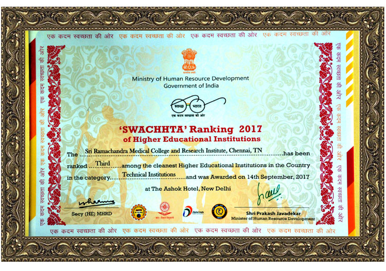 Sri Ramachandra Medical College and Research Institute received 3rd rank in SWACHHTA Ranking 2017