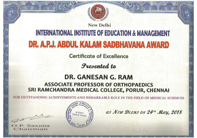 Dr. Ganesan G. Ram, associate professor of orthopaedics received Dr.A. P. J. Abdul Kalam Sadbhavana award