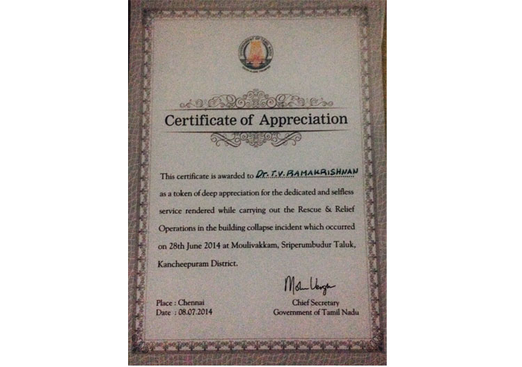 Dr. T.V. Ramakrishnan, Department of Emergency Medicine received appreciation for dedicated & selfless service