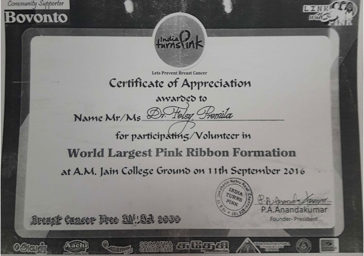 Dr.Felsey Premila has been appreciated for volunteering in the world largest Pink Ribbon formation
