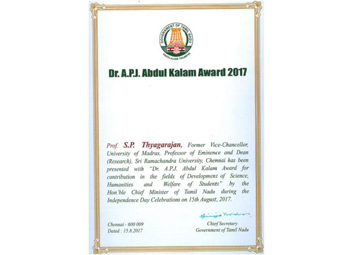 Dr. S.P.Thiyagarajan received Dr. A.P.J Abdul Kalam award 2017