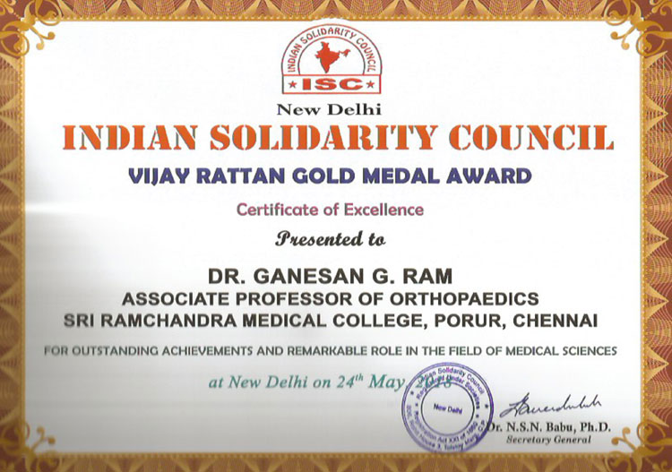 Dr.Ganesan G. Ram, associate professor of orthopaedics received vijay rattan gold medal award